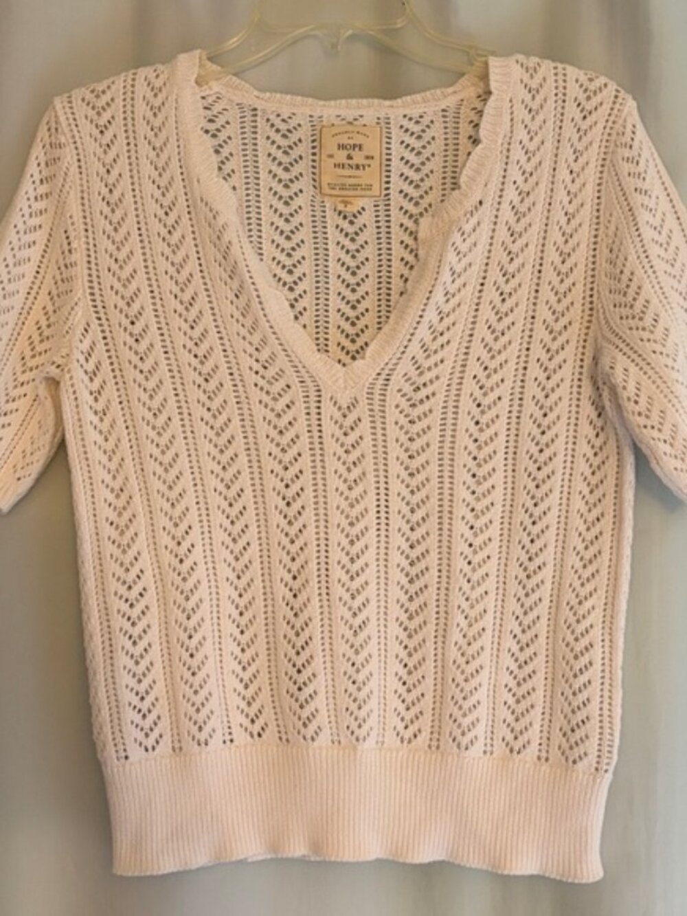 Hope & Henry Women’s White Open-Knit V-Neck Short Sleeve Cottagecore Sweater, s